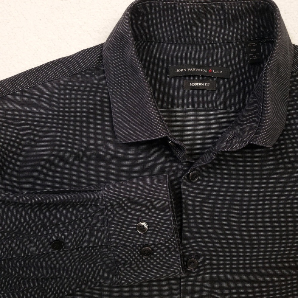John Varvatos Button Up Shirt Mens 16.5 R Gray Modern Fit Cotton Birdseye
